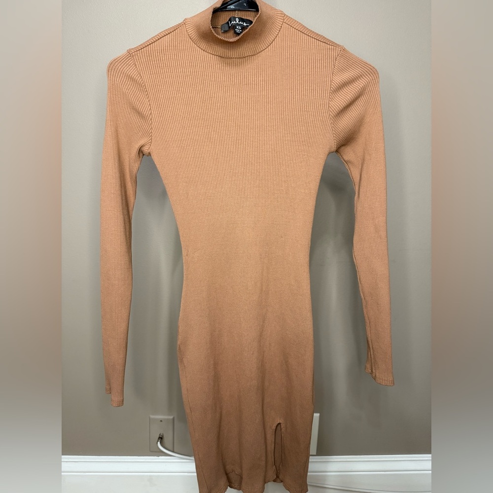 Lulus Tan Ribbed Long Sleeve Dress